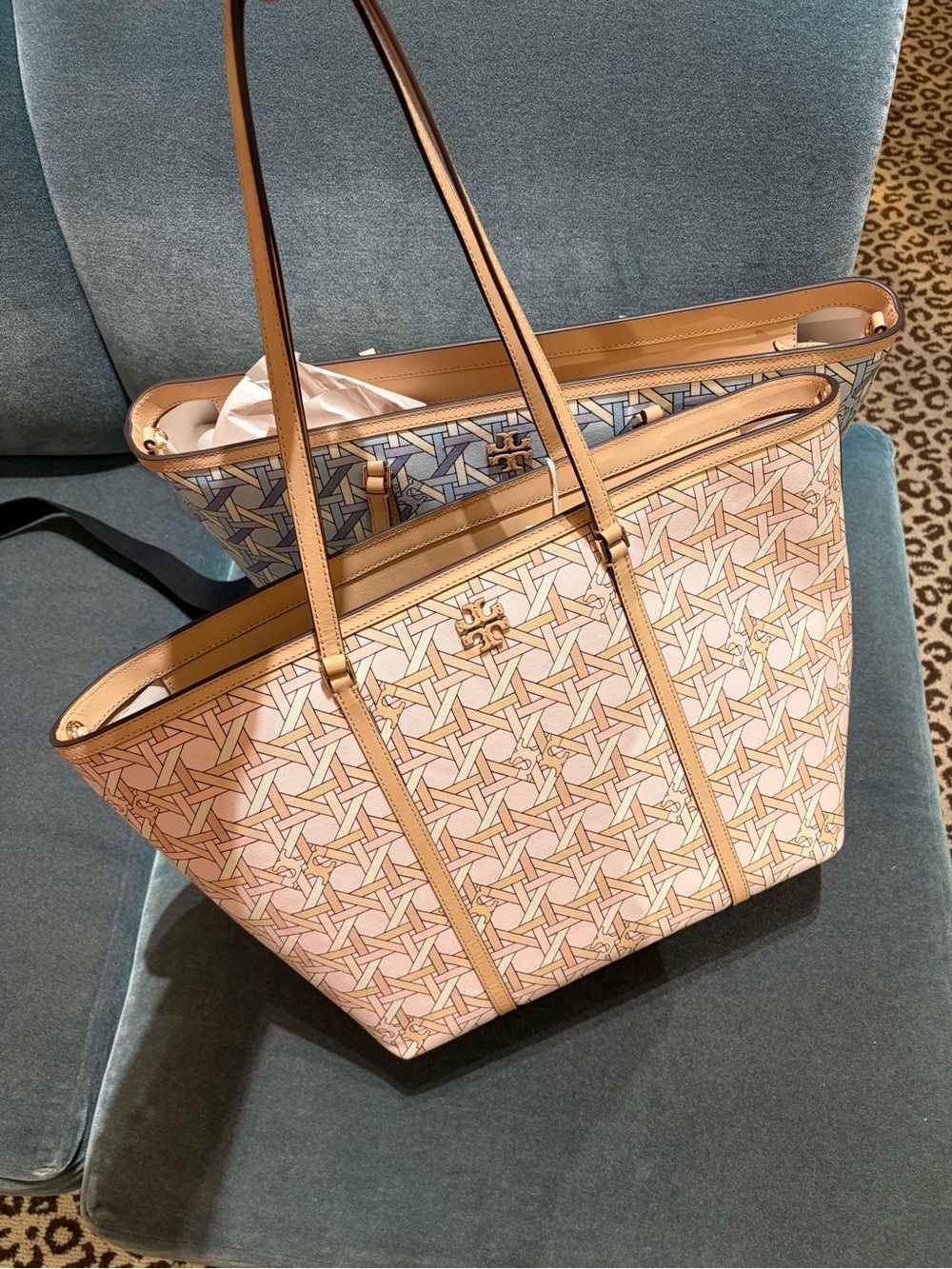 Tory Burch Pastel Pink Logo-Print Leather Tote with Tan Trim zipper large